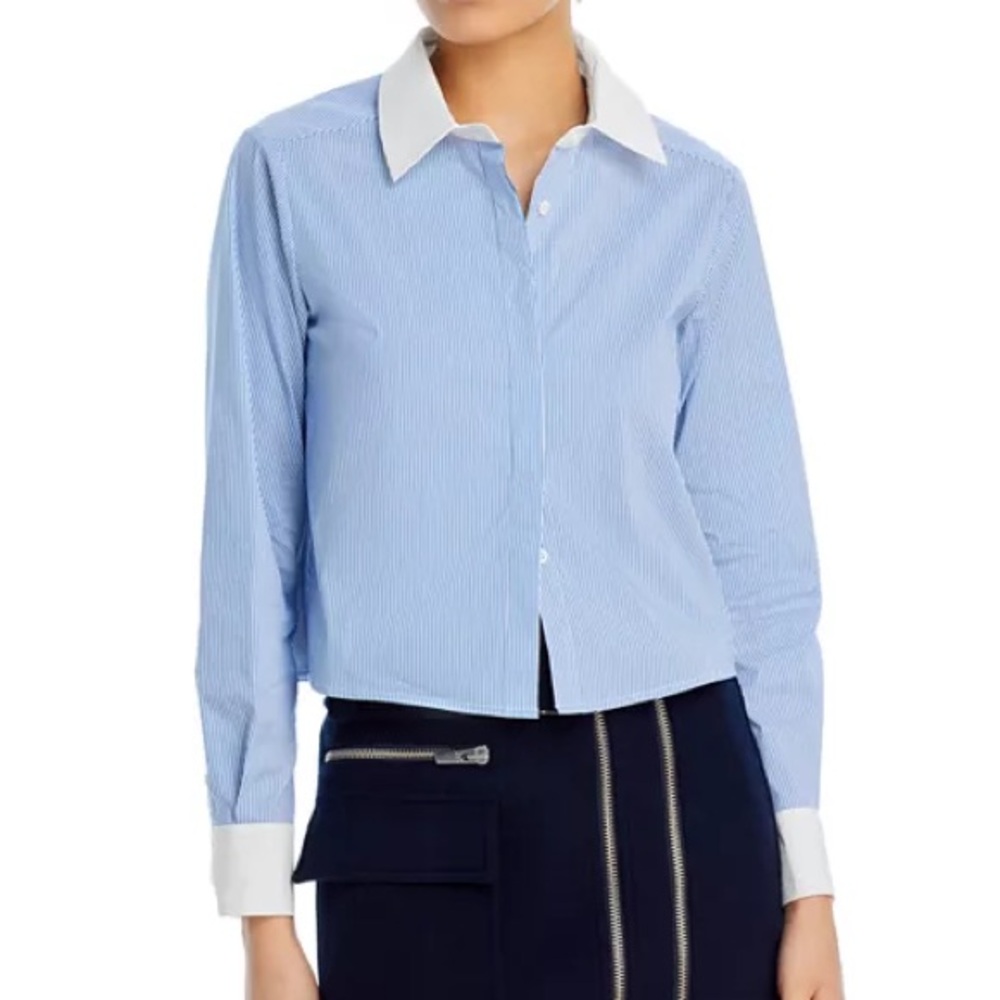 Aqua striped contrast shirt, women’s large, blue and white